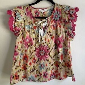 NWT - House of Harlow 1960 Zoey Khaki Bohemian Top Blouse Floral Cotton XS